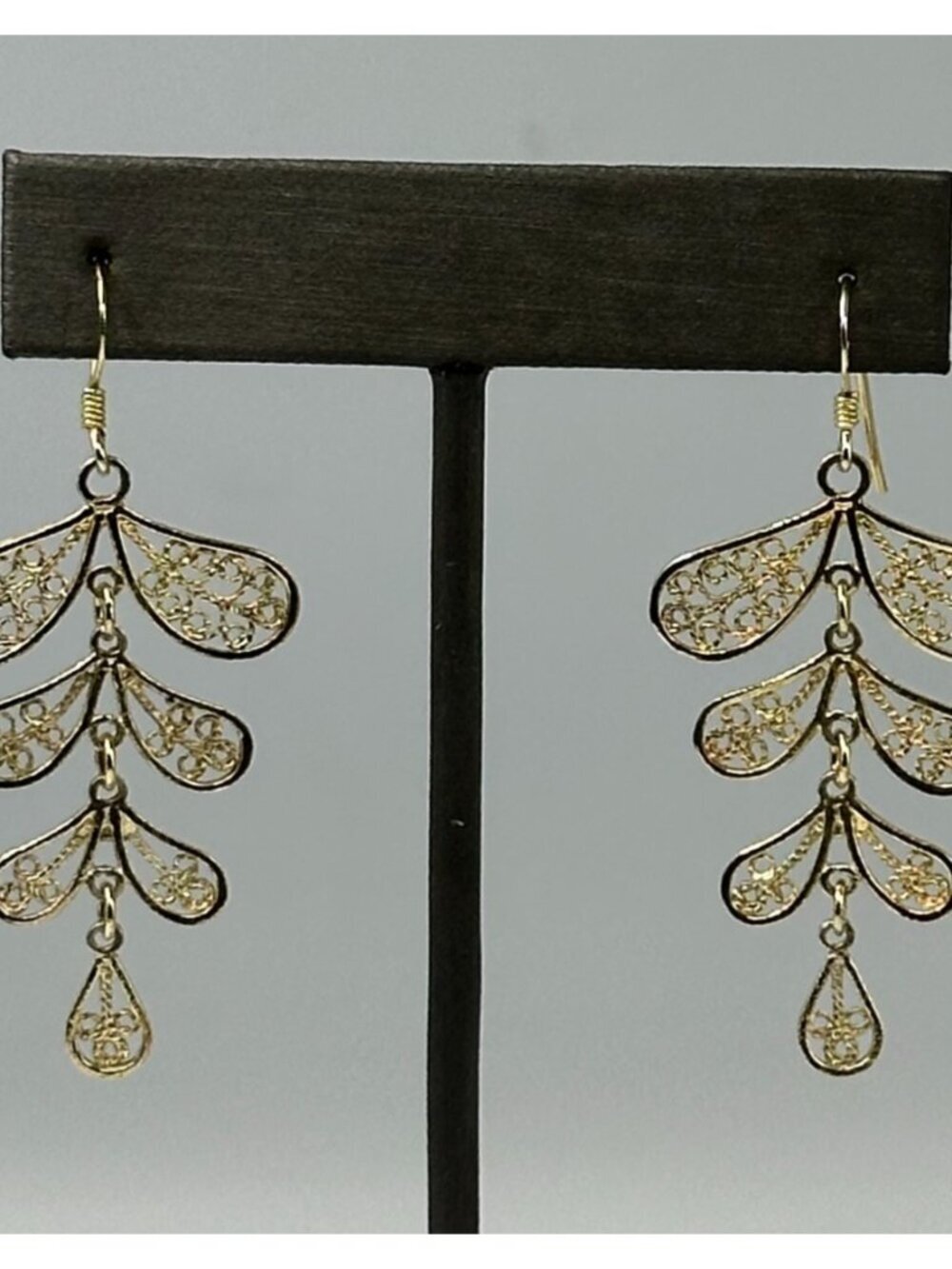 925 Sterling Silver Gold Vermeil Filigree Dangle Earrings Leaf Chandelier